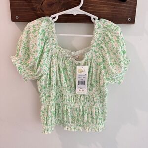 Peek Kids Girls Green White Daisy Floral Smocked‎ Puff Sleeve Top Size 6-7 NWT